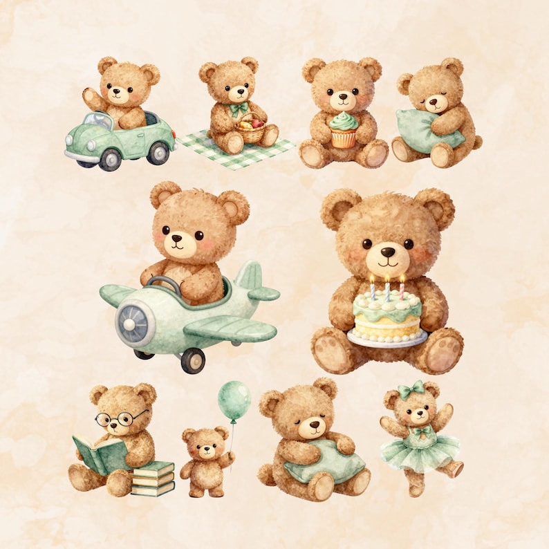 Sage Green Teddy Bear Clipart PNG, Watercolor Boho Baby Bear Nursery ...