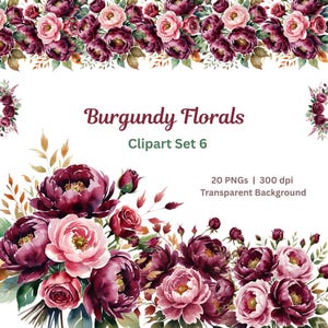Burgundy Florals Clipart Set, Dark Red Watercolor Flowers, Fall Wedding Bouquet Clip Art, Burgundy and Blush PNG, Floral Clipart Download