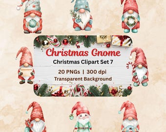 May include: A digital collection of Christmas gnome illustrations featuring various characters in red and teal hats, holding holiday items like wreaths, candy canes, and snow globes. The text reads Christmas Gnome Christmas Clipart Set 7 20 PNGs 300 dpi Transparent Background.