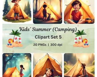 Kinder Sommer Camping Clipart: Outdoor Abenteuer PNG Grafiken (Digitaler Download)