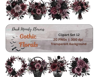 Gothic Florals Clipart PNG Set, dunkle launische Blumen, Aquarell Gothic Blumen dunkel Floral Herbst Halloween Clipart für Heimwerker Handwerker