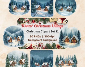 Winter-Weihnachtsdorf Clipart PNG-Set, verschneite Feriendorf Aquarell Häuser, Hütten und Hütten, Scrapbook Digital Download