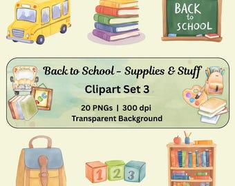 Clipart acquerello per il ritorno a scuola, materiale scolastico PNG, zaino, lavagna, libri, pastelli, pennelli, quaderni, scuolabus, decorazioni per l'aula