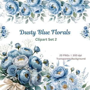 Dusty Blue Floral Watercolor Clipart Blue Flowers PNG Floral Arrangement Soft Pastel Blue Flower Wedding Bouquet Clipart DIY Flower Journal