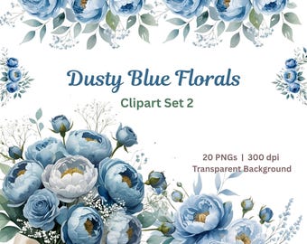 Dusty Blue Floral Watercolor Clipart: Wedding Bouquet PNG (Digital Download)