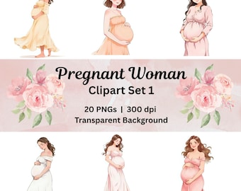 Pregnant Woman Clipart Maternity PNG Bundle Watercolor Pregnancy Illustration Mom To Be Clipart Baby Shower Graphics Gender Reveal