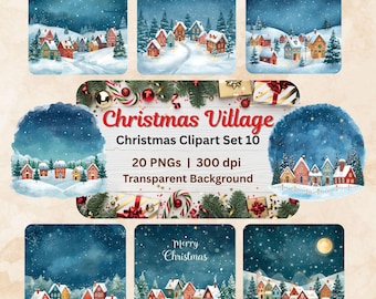 Weihnachtsdorf in der Nacht Clipart PNG Set, Aquarell verschneite Winterdorf, wunderliche Feiertagshäuser, festlicher digitaler Download