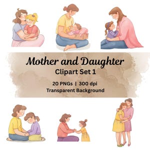 Mother and Daughter Clipart Set Watercolor Printable Digital Download PNG Family Illustration Mom and Daughter PNG Instant Download