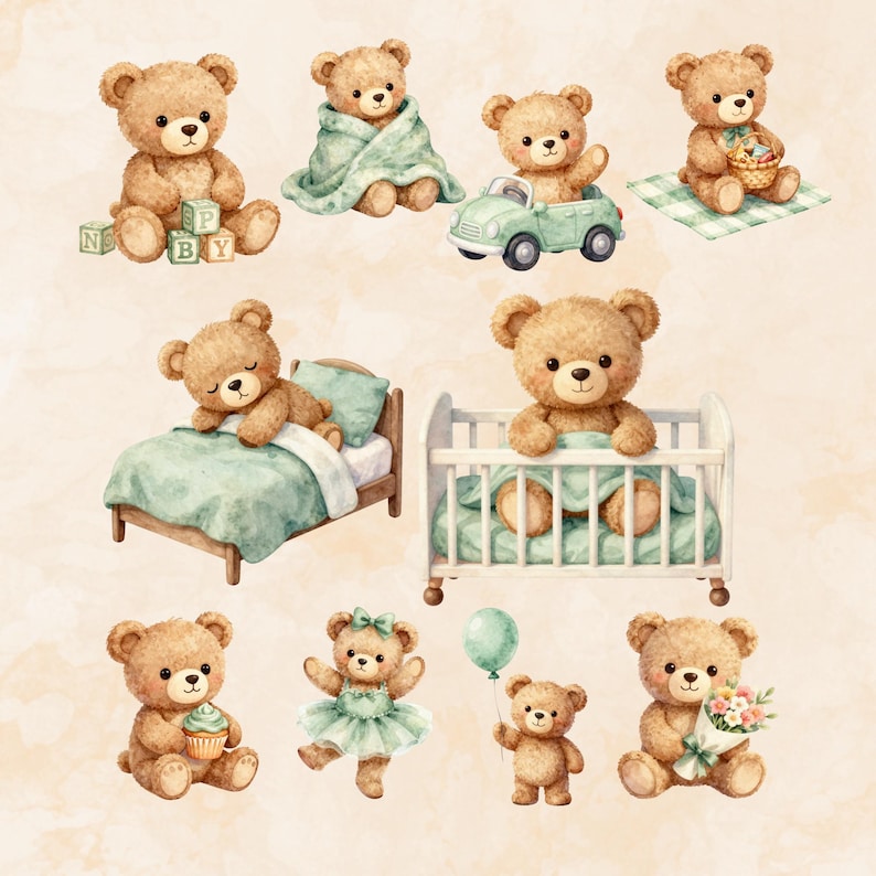Sage Green Teddy Bear Clipart PNG, Watercolor Boho Baby Bear Nursery ...