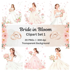 Blühende Braut Clipart Pastell PNG Blumen Hochzeit Clipart Sublimation Brautdusche Digital Download Braut Hochzeitskleid Scrapbook Aufkleber