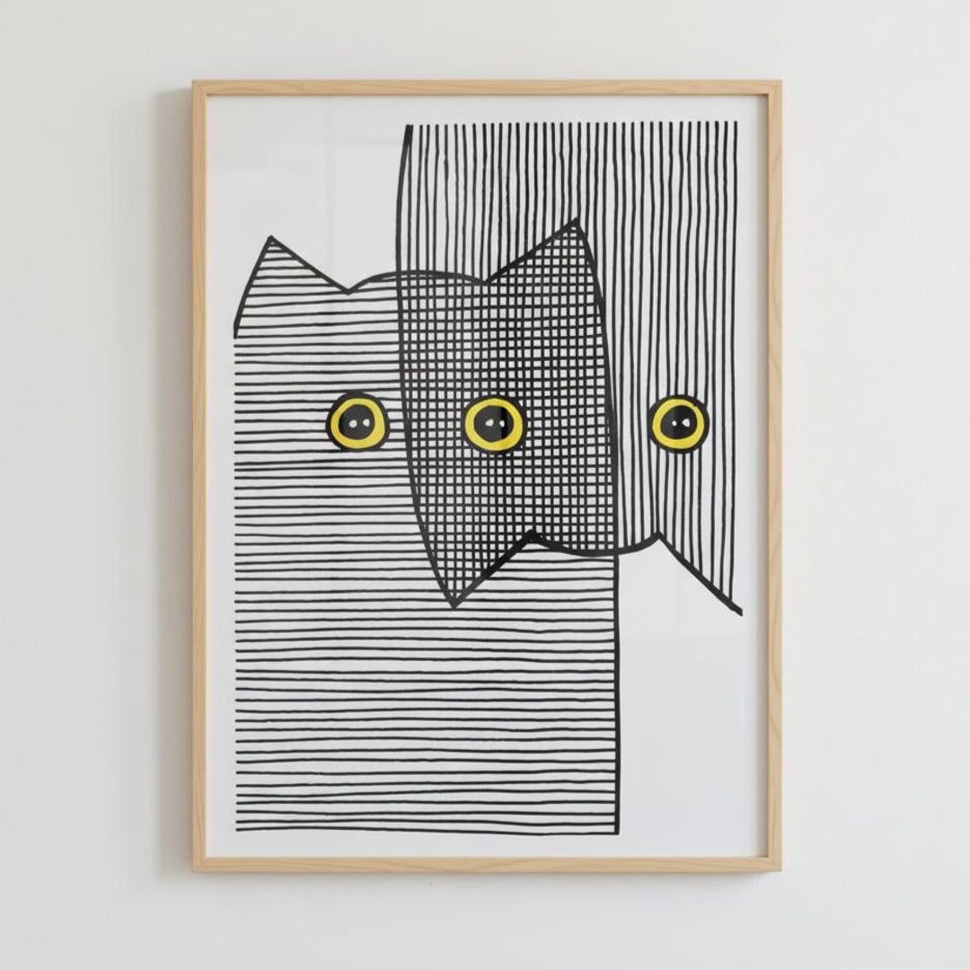 Cat Wall Art Featuring Black and White Cats With Yellow Eyes in ...