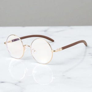 Handmade Vintage Round Eyeglasses, Retro Wood Grain Temple Glasses Frame, Metal Frame for Myopia & Non-Prescription, Japanese Style Eyewear