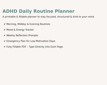Pianificatore di routine quotidiana per ADHD / PDF stampabile e compilabile / Organizzatore di focus neurodivergente / Diario di salute mentale e produttività