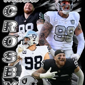 Puede incluir: Gráfico que presenta a un jugador de fútbol americano con uniformes de los Raiders. El jugador lleva un casco y una camiseta con el número 98. El nombre "Maxx Crosby" se muestra en una fuente estilizada.