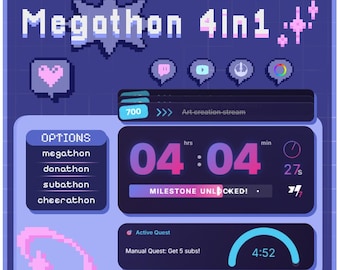 Widget Megathon 4-en-1 StreamElements | Minuteur Twitch et suiveur de buts pour Subathon, Donathon, Cheerathon