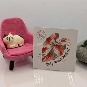 May include: A square white sticker with a watercolor illustration of a pink and green leaf, with the text "Rare Plant Parent." A small pink chair with a cat-shaped pillow is to the left.