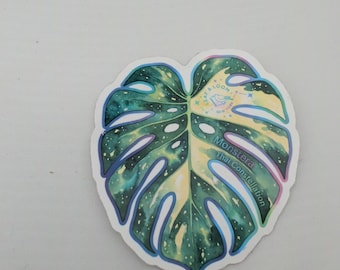 May include: A die-cut sticker shaped like a Monstera Thai Constellation leaf. The leaf features deep green and creamy yellow variegation with a galaxy-like speckled pattern. It includes the text Leaf & Loom New York and Monstera Thai Constellation.
