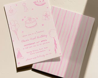 Pink Sketch 1st Birthday Party Invitation - Whimsical And Coquette Girly Invite - Trendy Hand Drawn Style - Editable Canva Template Download