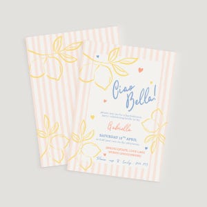 An elegant and fun bachelorette party invitation with a pink stripe background and yellow, salmon and blue brush and bold style text. Featuring lemons and hearts illustrations.