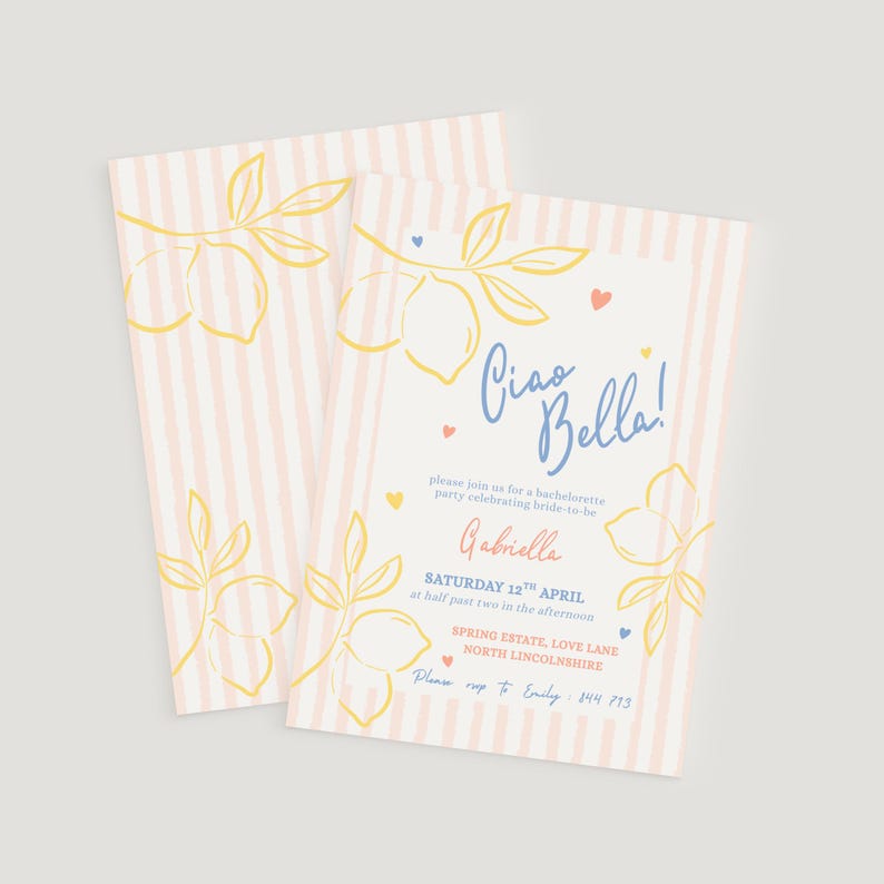 An elegant and fun bachelorette party invitation with a pink stripe background and yellow, salmon and blue brush and bold style text. Featuring lemons and hearts illustrations.