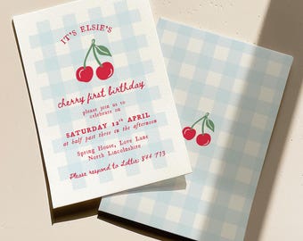 Cherry First Birthday Gingham Party Invitation - Whimsical 1st Birthday Invite - Trendy Hand Drawn Style - Editable Canva Template Download