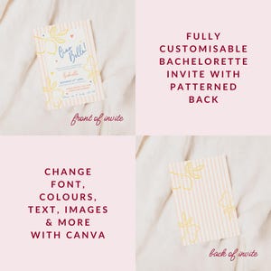 An elegant and fun bachelorette party invitation with a pink stripe background and yellow, salmon and blue brush and bold style text. Featuring lemons and hearts illustrations.