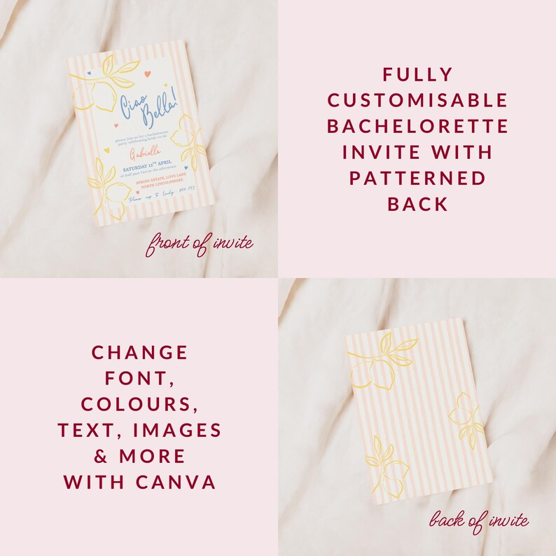 An elegant and fun bachelorette party invitation with a pink stripe background and yellow, salmon and blue brush and bold style text. Featuring lemons and hearts illustrations.