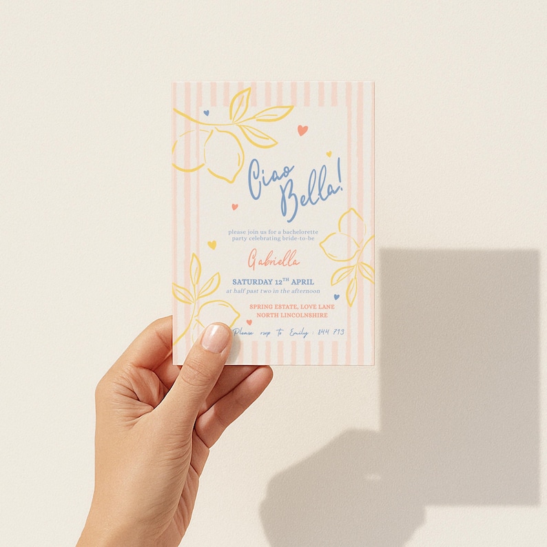 An elegant and fun bachelorette party invitation with a pink stripe background and yellow, salmon and blue brush and bold style text. Featuring lemons and hearts illustrations.