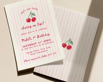 Cherry On Top First Birthday Party Invitation - Whimsical 1st Birthday Invite - Trendy Hand Drawn Style - Editable Canva Template Download