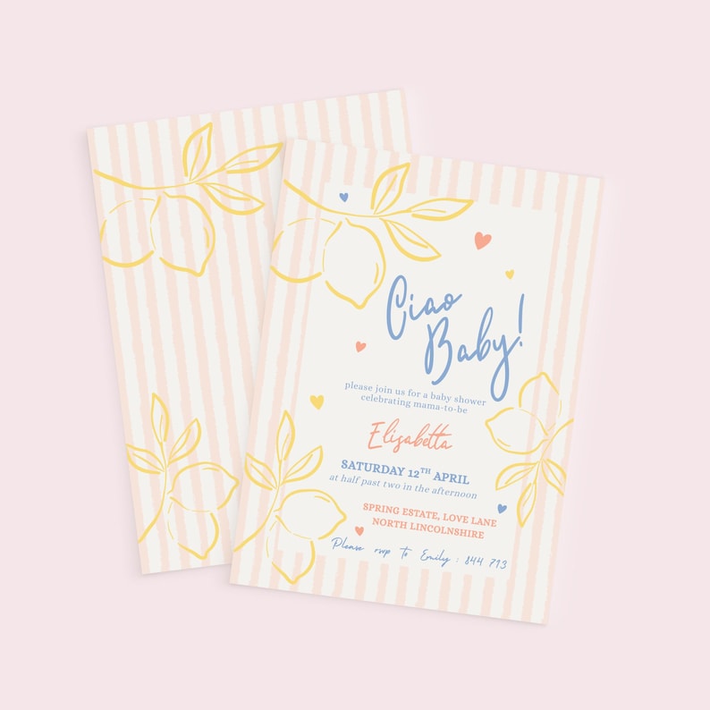 Ciao Baby! Baby Shower Invitation - Editable Lemons Invite - Italian Themed Hand Drawn Style - Canva Template Download imagen 8