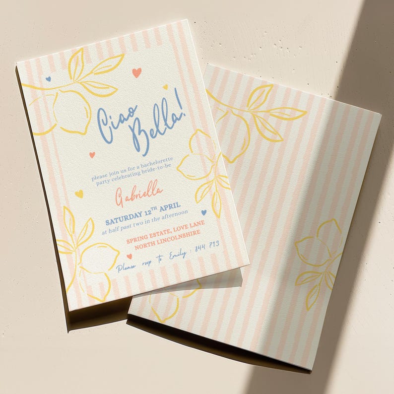An elegant and fun bachelorette party invitation with a pink stripe background and yellow, salmon and blue brush and bold style text. Featuring lemons and hearts illustrations.