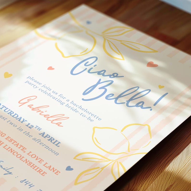 An elegant and fun bachelorette party invitation with a pink stripe background and yellow, salmon and blue brush and bold style text. Featuring lemons and hearts illustrations.