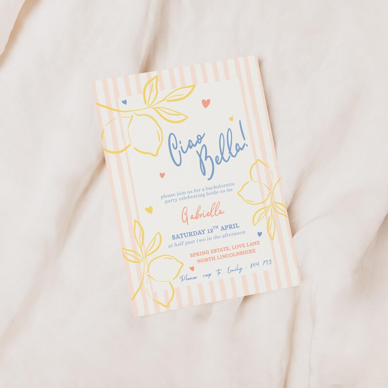 An elegant and fun bachelorette party invitation with a pink stripe background and yellow, salmon and blue brush and bold style text. Featuring lemons and hearts illustrations.