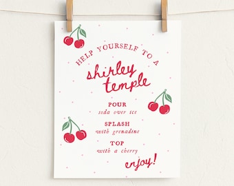 Shirley Temple Bar Sign Template - Whimsical Cherry Mocktail Bar - Cherry On Top Baby Shower - Hand Drawn Style - Editable Canva Download