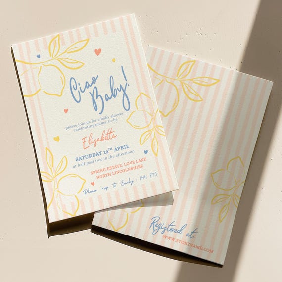 Ciao Baby! Baby Shower Invitation - Editable Lemons Invite - Italian Themed Hand Drawn Style - Canva Template Download