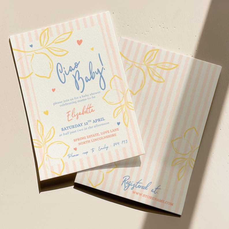 Ciao Baby! Baby Shower Invitation - Editable Lemons Invite - Italian Themed Hand Drawn Style - Canva Template Download