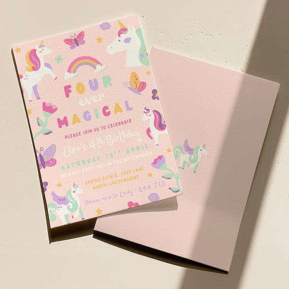 Unicorn Four Ever Magical Birthday Party Invitation - Whimsical 4th Birthday Invite - Girl Pastel Rainbow - Editable Canva Template Download