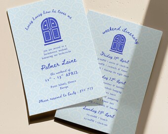 May include: Two light blue bachelorette party invitations with a repeating wave pattern. The invitations feature a blue door graphic and text including the bride's name, event dates, location, and itinerary details. The text is in a handwritten style font.