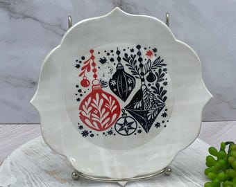 Handmade Ceramic Christmas Snack Plate, Santa Cookie Plate, Holiday Pottery Gift