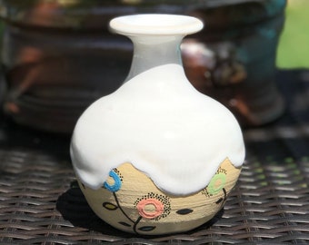 Handmade Floral Bottle Bud Vase-Ceramics and Pottery Vase-Hand Decorated Patterned Vase-Patterned Vase--Flower Vase-OOAK Vase