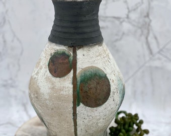 Modern Raku Ceramic Vase: White, Black & Copper Luster Glazes