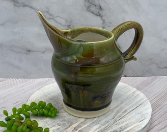 Wheel Thrown Ceramic Pitcher: Hand Decorated Glaze, 18 oz