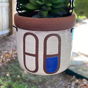 May include: A white ceramic hanging planter with a brown rim and two brown pill shapes painted on the front. One pill shape is filled with blue paint. The planter is hanging from a black chain and contains a green succulent plant.