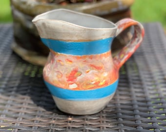 Marbled Ceramic Pitcher: Hand-Decorated Pottery, Blue Stripes