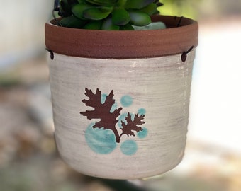 Ceramic Hanging Planter -Medium ceramic planter -Indoor planter -Leaf Pattern Planter - Stoneware Planter