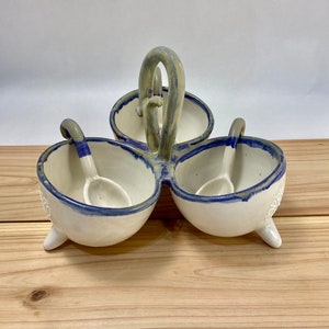 Ceramic Condiment Caddy: Triple Bowl Set With Handmade Spoons - Etsy