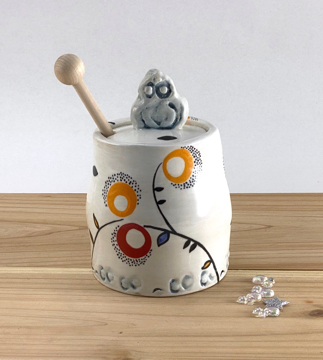 Handmade Honey Pot, Honey Pot With Dipper , Kitchen Honey Storage Jar
