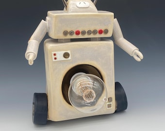 Sculptural Ceramic Robot Lamp: Handmade Kids Accent Light