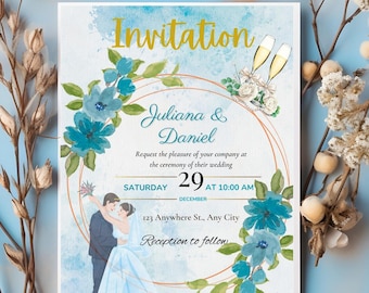 Blue Wedding Invitation | Digital Printable Invite | Editable Template | Elegant Floral Design | Instant Download
