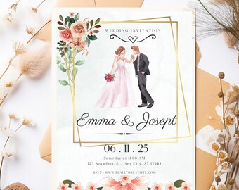 Grey & White Floral Wedding Invitation | Simple Digital Invite | Editable Template | Minimalist Design